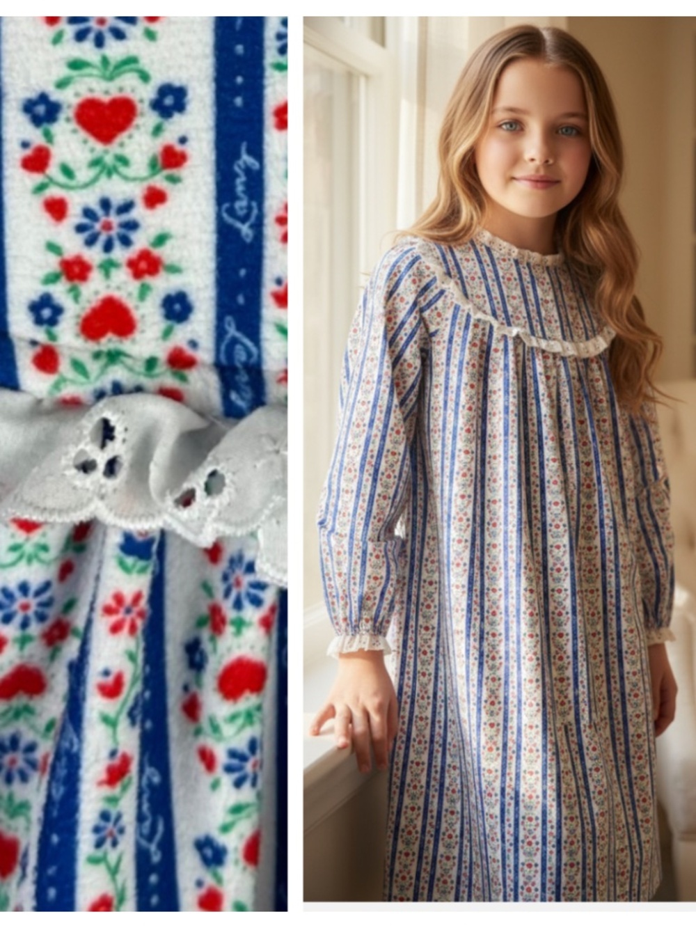 New Lanz of Salzburg Nightgown Girls Large 10 12 Flannel Floral White Blue